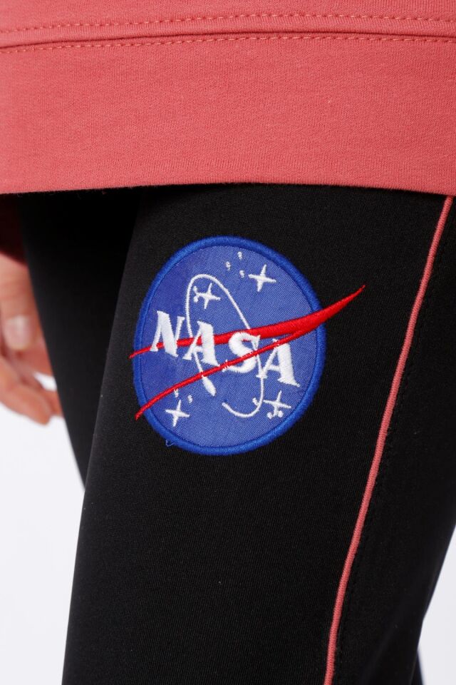 KIZ ÇOCUK NASA BASKILI KAPÜŞONLU T-SHIRT NAKIŞ DETAYLI TAYT 9-10 Yaş - MERCAN