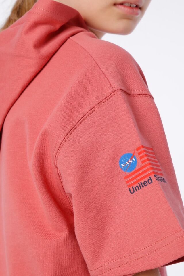 KIZ ÇOCUK NASA BASKILI KAPÜŞONLU T-SHIRT NAKIŞ DETAYLI TAYT 9-10 Yaş - MERCAN