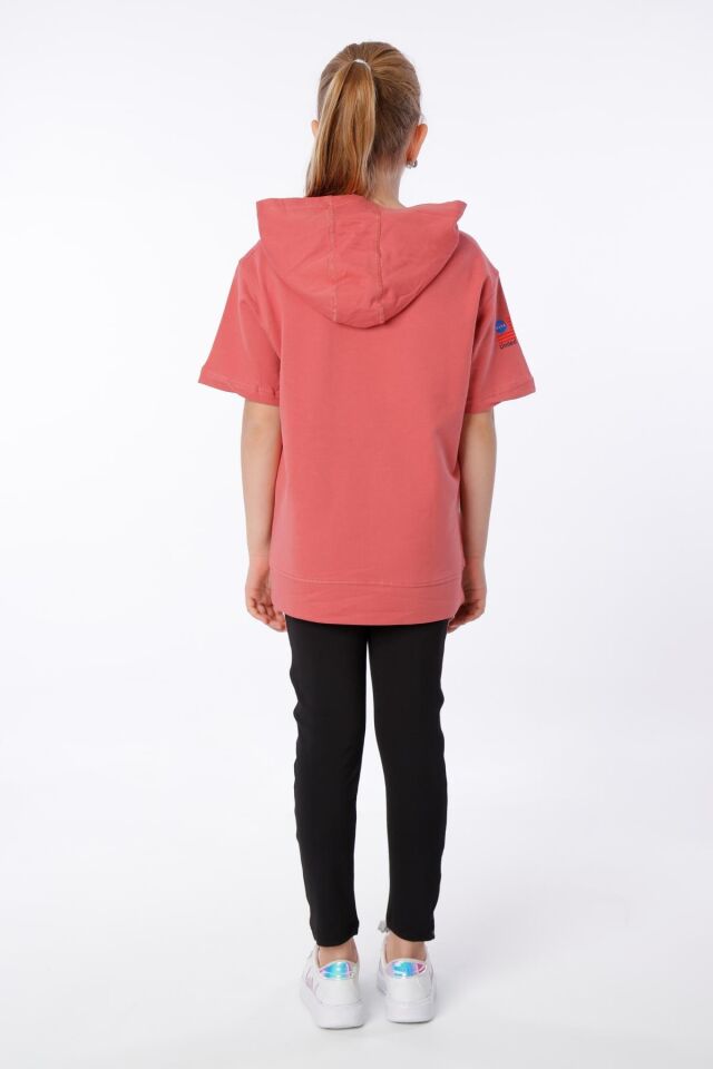 KIZ ÇOCUK NASA BASKILI KAPÜŞONLU T-SHIRT NAKIŞ DETAYLI TAYT 9-10 Yaş - MERCAN