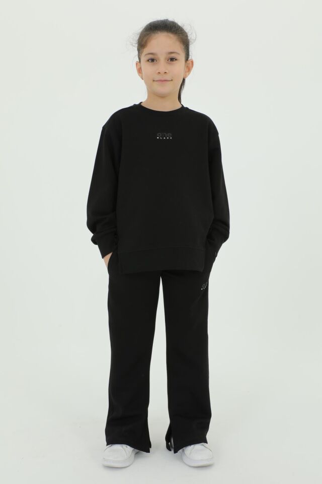 Kız Çocuk Pamuklu Eşofman Takımı – Baskı Detaylı, İspanyol Paça, Bisiklet Yaka