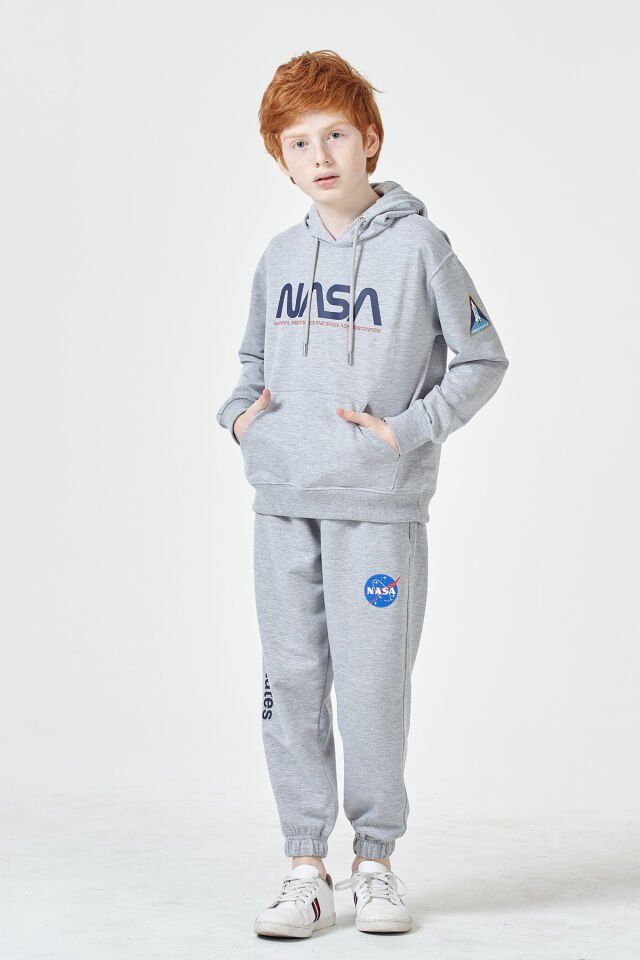 Erkek Çocuk Şardonsuz 2 İplik Baskılı Kapüşonlu Spor Eşofman Takımı – Normal Kalıp GRİ - 9-10 Yaş