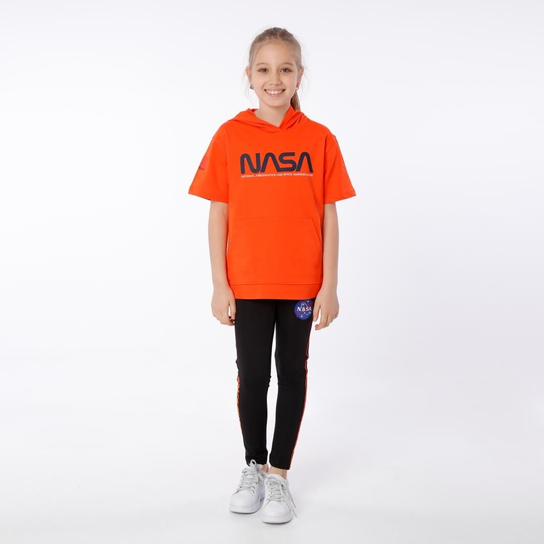 KIZ ÇOCUK NASA BASKILI KAPÜŞONLU T-SHIRT NAKIŞ DETAYLI TAYT 9-10 Yaş - ORANJ