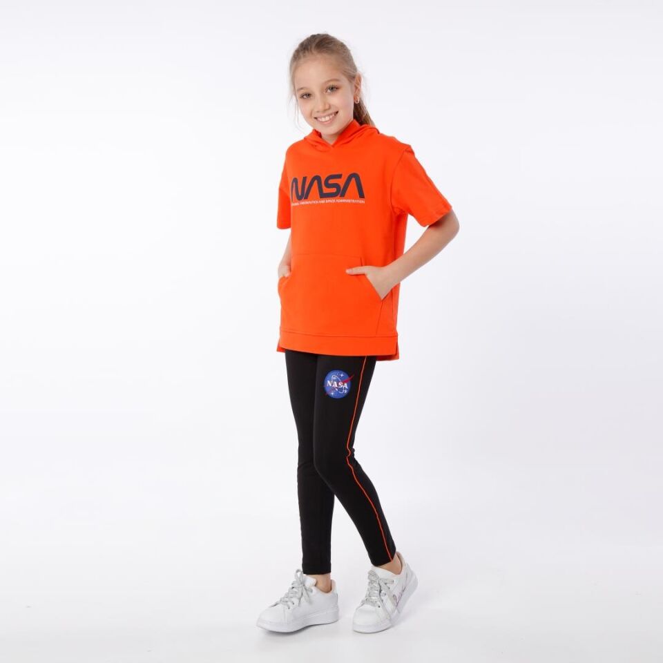 KIZ ÇOCUK NASA BASKILI KAPÜŞONLU T-SHIRT NAKIŞ DETAYLI TAYT 9-10 Yaş - ORANJ