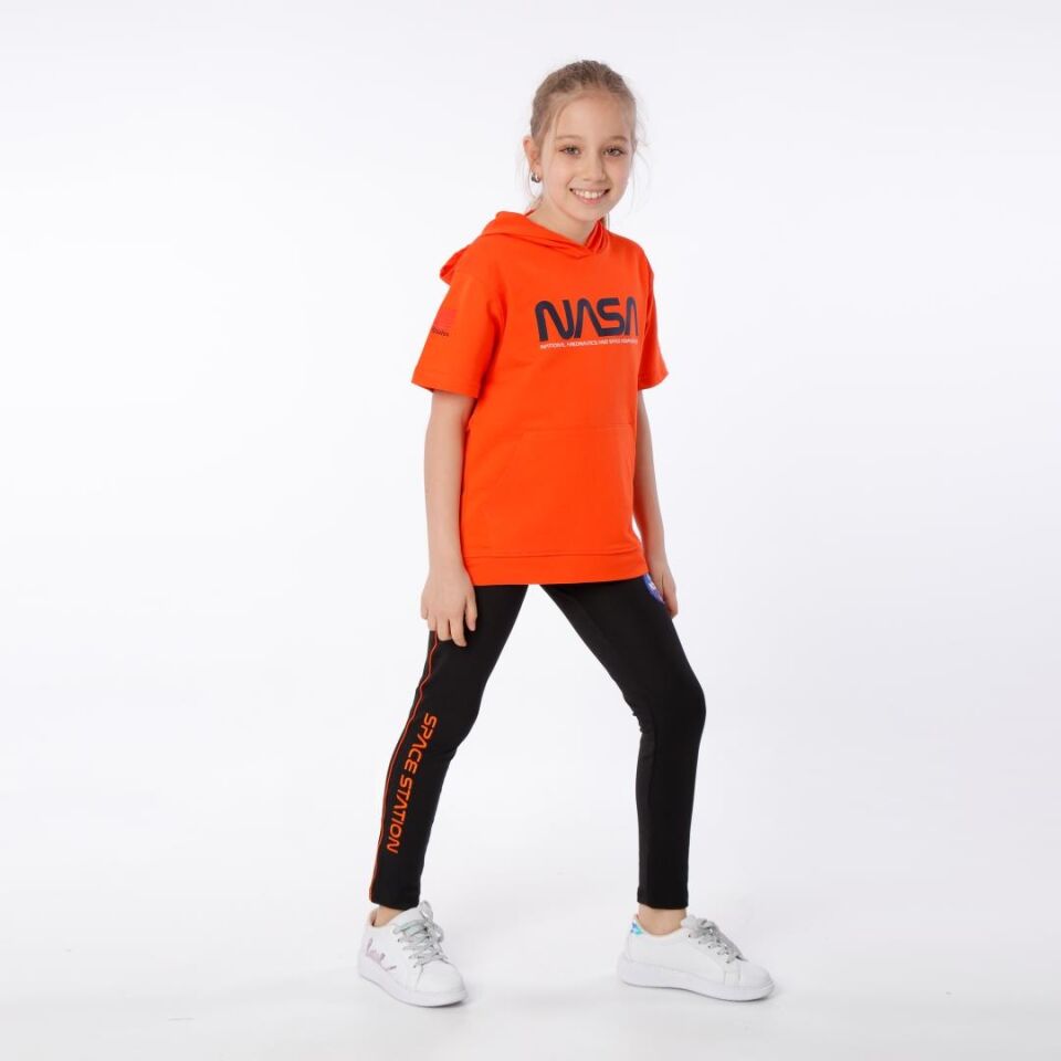 KIZ ÇOCUK NASA BASKILI KAPÜŞONLU T-SHIRT NAKIŞ DETAYLI TAYT 9-10 Yaş - ORANJ