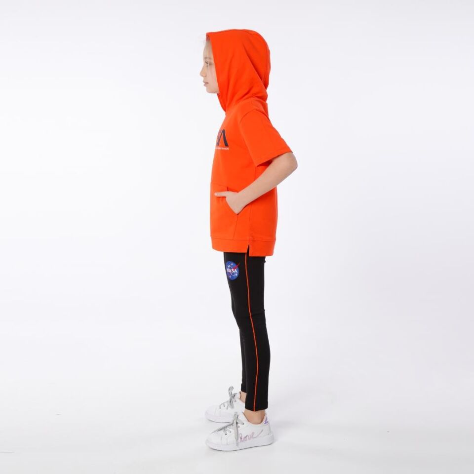 KIZ ÇOCUK NASA BASKILI KAPÜŞONLU T-SHIRT NAKIŞ DETAYLI TAYT 9-10 Yaş - ORANJ