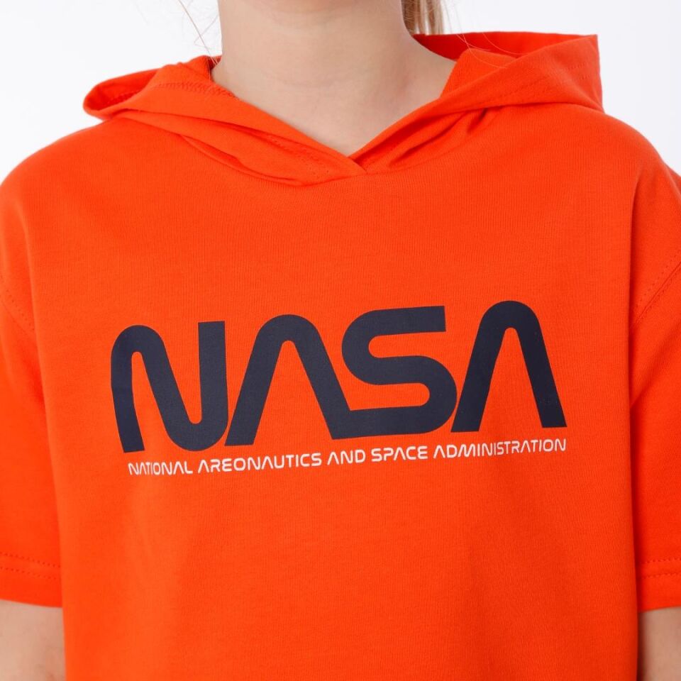 KIZ ÇOCUK NASA BASKILI KAPÜŞONLU T-SHIRT NAKIŞ DETAYLI TAYT 9-10 Yaş - ORANJ