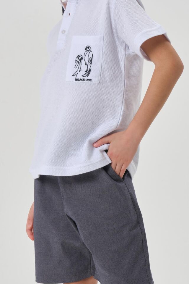 Petek Kumaştan Üst Cep Baskı Detaylı Erkek Çocuk Alt Üst Takım BEYAZ - 5-6 Yaş