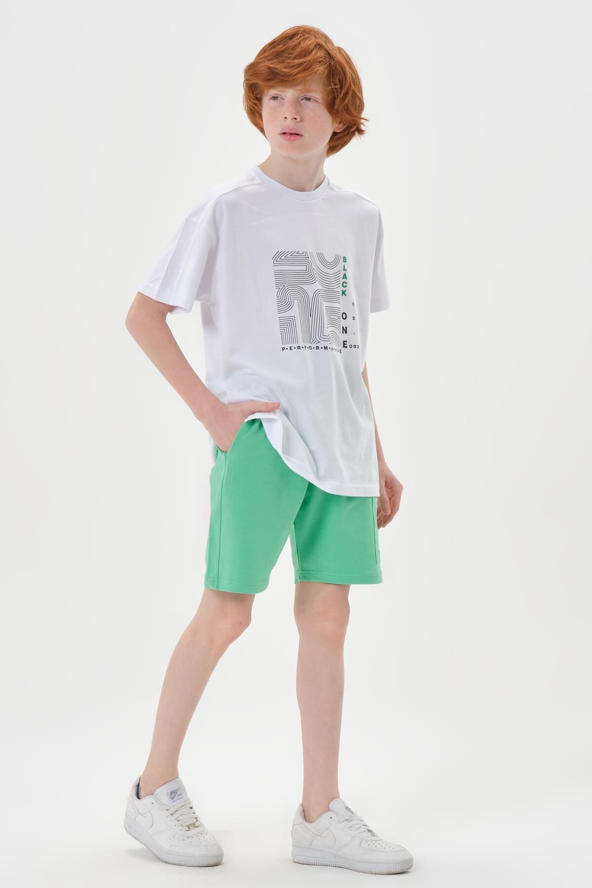 Baskı Detaylı Çift Cepli Şort Yazlık Bisiklet Yaka Erkek Çocuk Alt Üst Takım