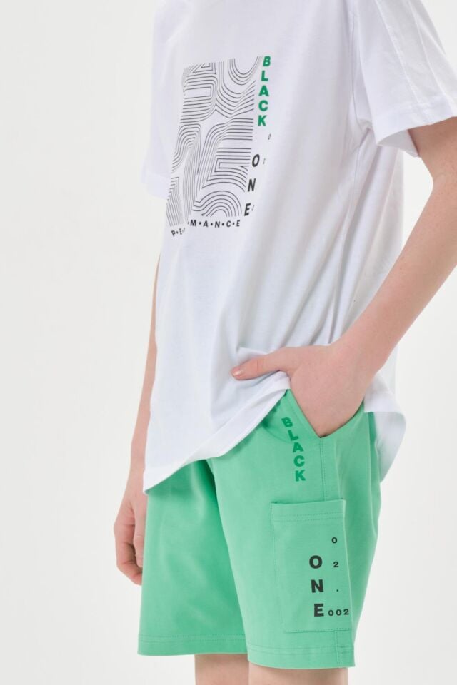 Baskı Detaylı Çift Cepli Şort Yazlık Bisiklet Yaka Erkek Çocuk Alt Üst Takım