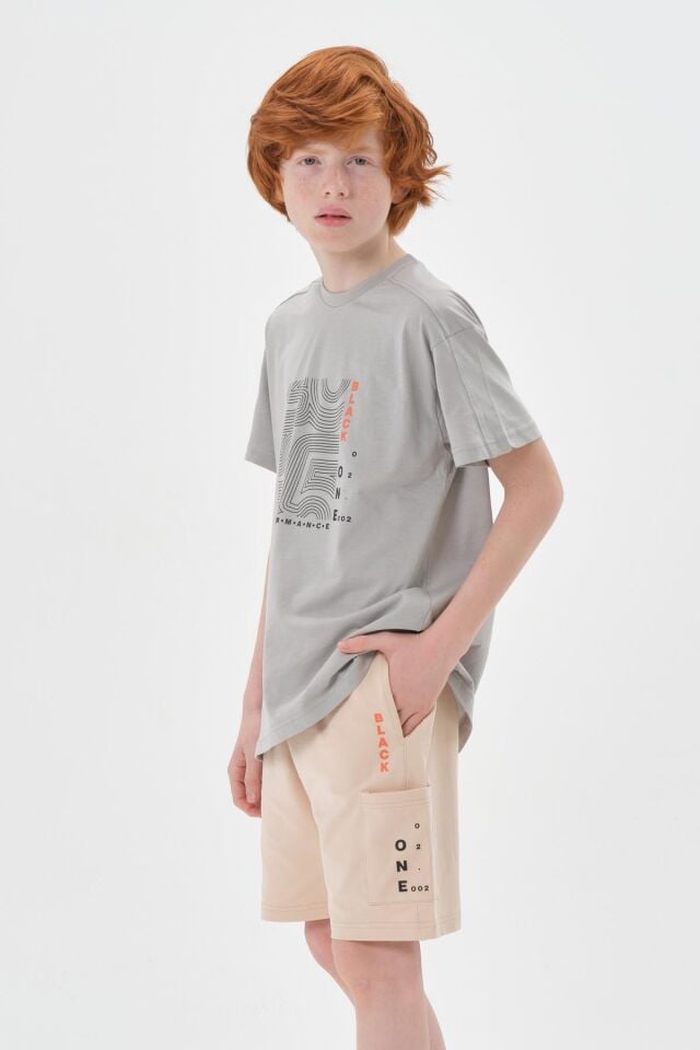 Baskı Detaylı Çift Cepli Şort Yazlık Bisiklet Yaka Erkek Çocuk Alt Üst Takım