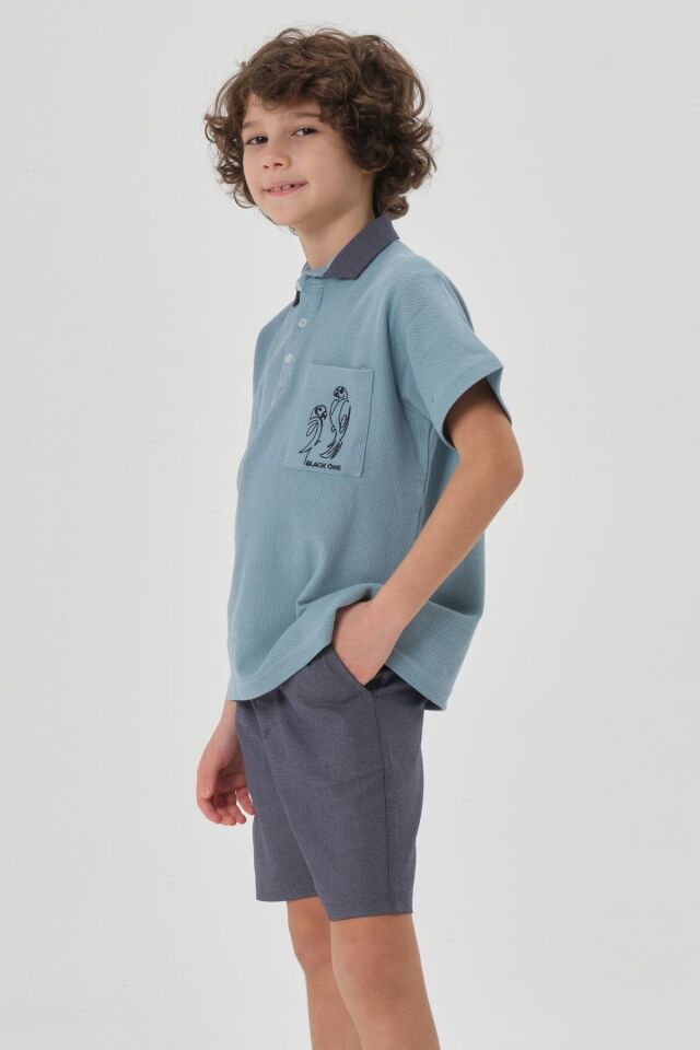 Petek Kumaştan Üst Cep Baskı Detaylı Erkek Çocuk Alt Üst Takım PRADA MAVİ - 5-6 Yaş