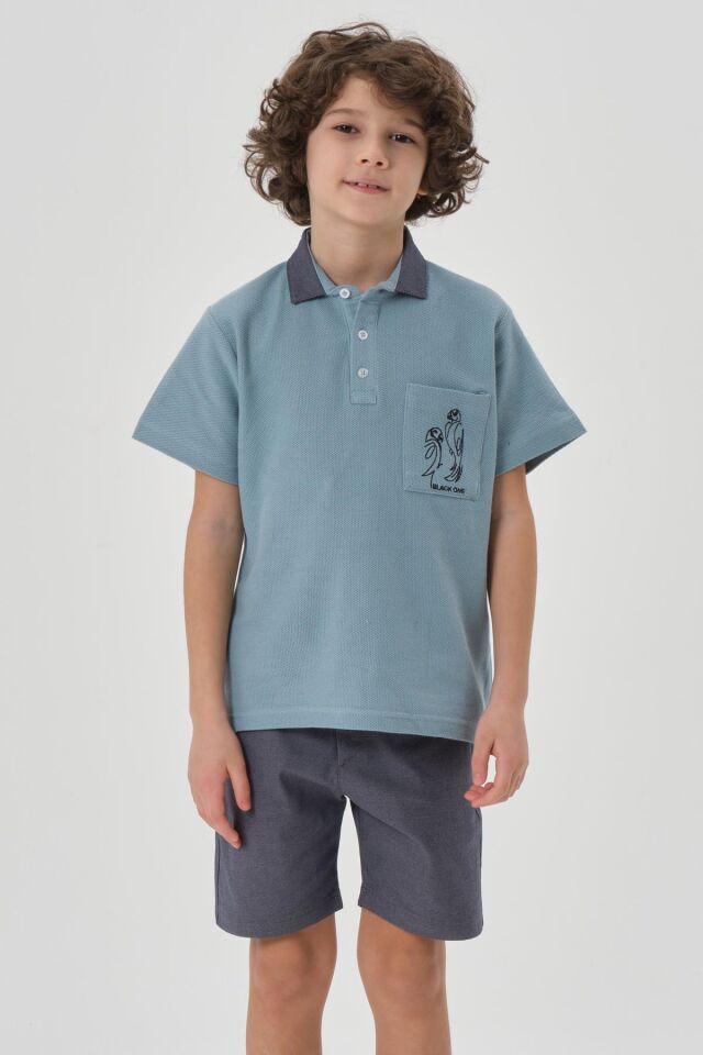 Petek Kumaştan Üst Cep Baskı Detaylı Erkek Çocuk Alt Üst Takım PRADA MAVİ - 6-7 Yaş
