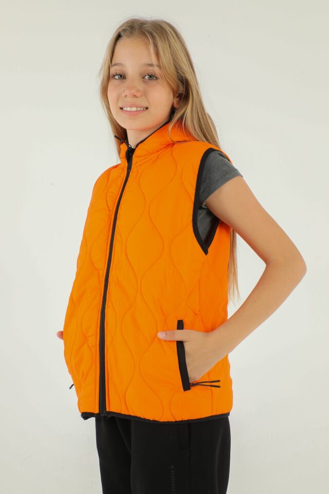 Kapüşonlu Çift Cepli Fermuar Detaylı Yelek ORANJ - 11-12 Yaş