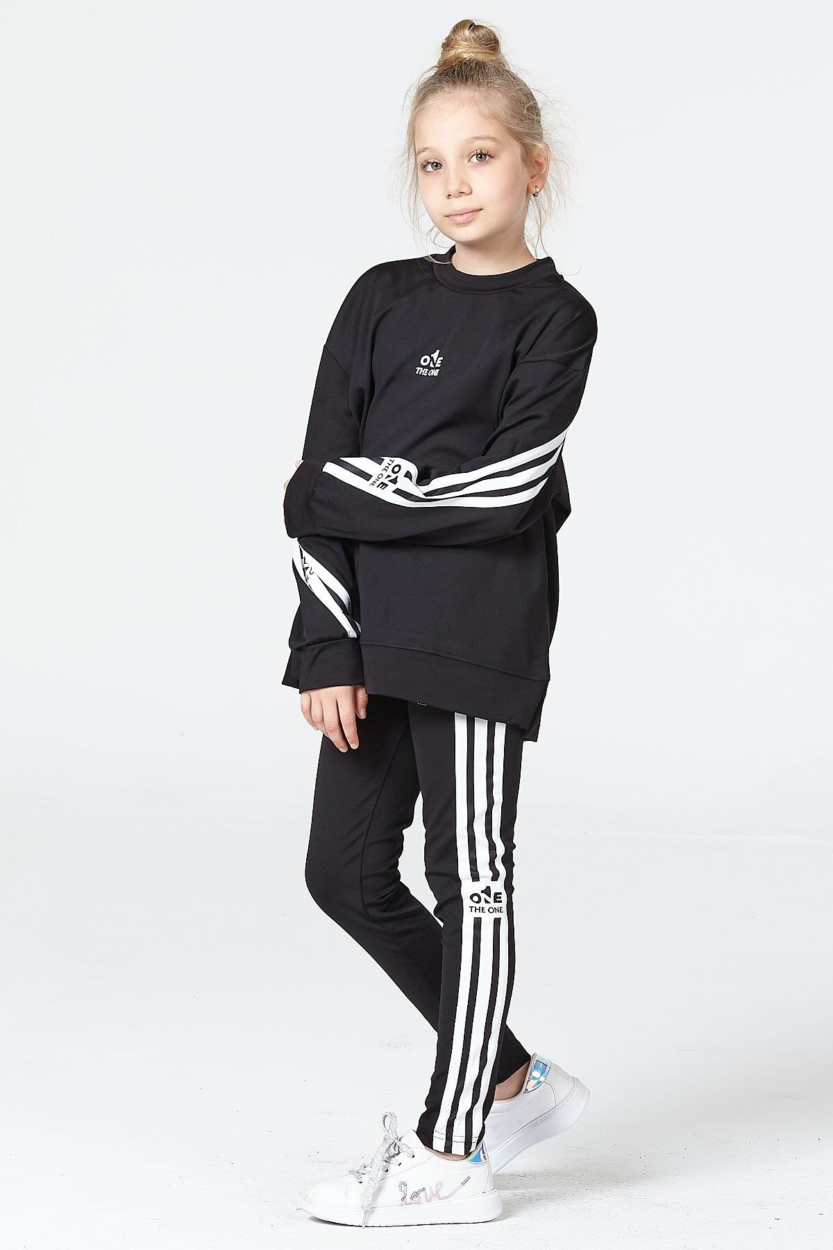 Black One Kız Çocuk Şerit Detaylı Salaş Sweat ve Tayt Spor Takım – Rahat Kesim, Yumuşak Kumaş 8-9 Yaş - SİYAH