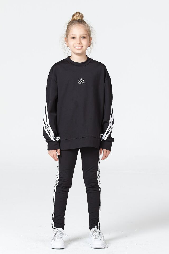 Black One Kız Çocuk Şerit Detaylı Salaş Sweat ve Tayt Spor Takım – Rahat Kesim, Yumuşak Kumaş 8-9 Yaş - SİYAH