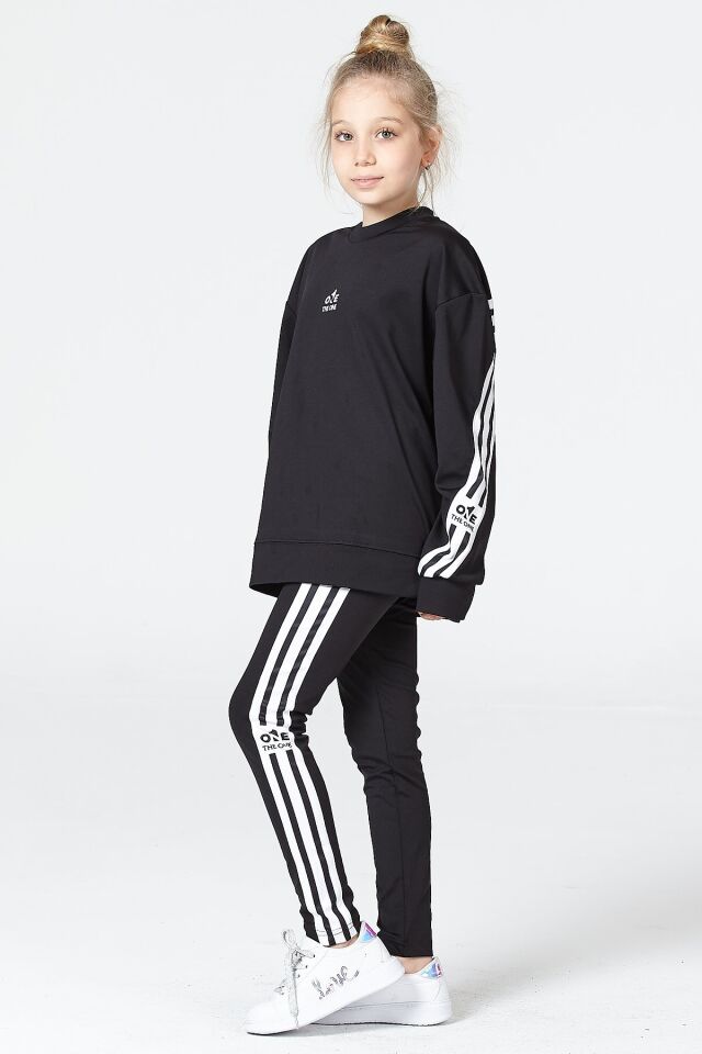 Black One Kız Çocuk Şerit Detaylı Salaş Sweat ve Tayt Spor Takım – Rahat Kesim, Yumuşak Kumaş 10-11 Yaş - SİYAH