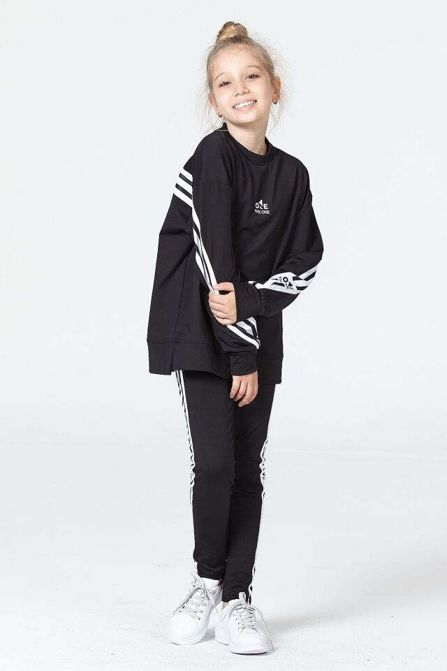 Black One Kız Çocuk Şerit Detaylı Salaş Sweat ve Tayt Spor Takım – Rahat Kesim, Yumuşak Kumaş 10-11 Yaş - SİYAH