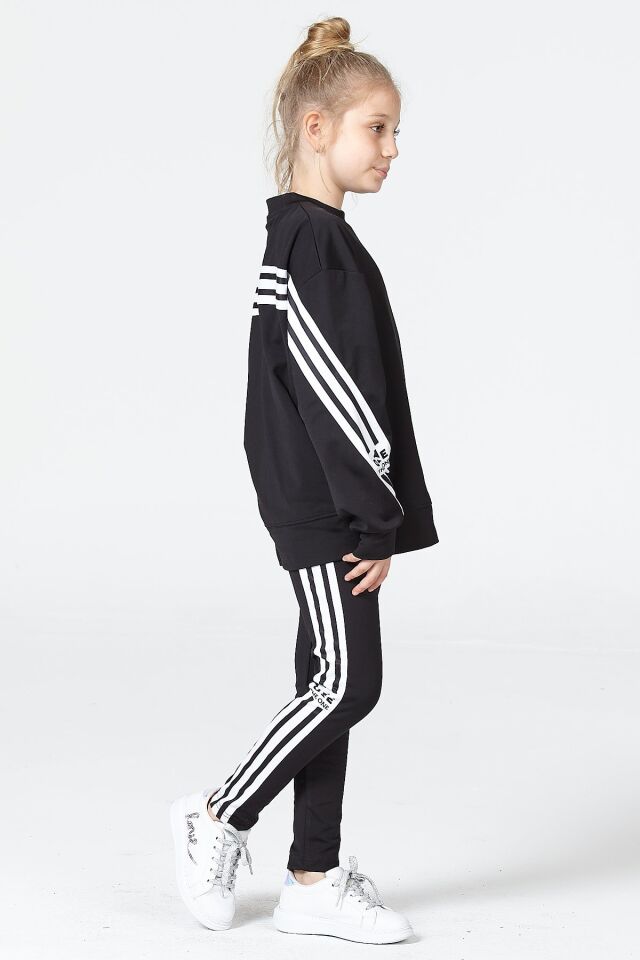 Black One Kız Çocuk Şerit Detaylı Salaş Sweat ve Tayt Spor Takım – Rahat Kesim, Yumuşak Kumaş 11-12 Yaş - SİYAH