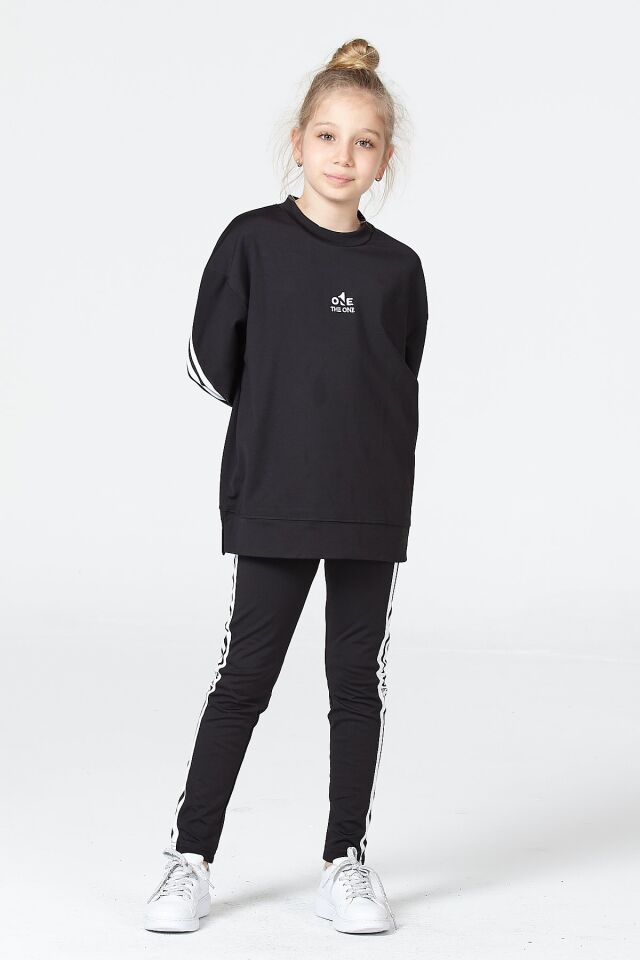 Black One Kız Çocuk Şerit Detaylı Salaş Sweat ve Tayt Spor Takım – Rahat Kesim, Yumuşak Kumaş 11-12 Yaş - SİYAH