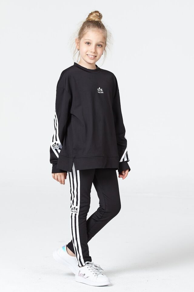 Black One Kız Çocuk Şerit Detaylı Salaş Sweat ve Tayt Spor Takım – Rahat Kesim, Yumuşak Kumaş 12-13 Yaş - SİYAH