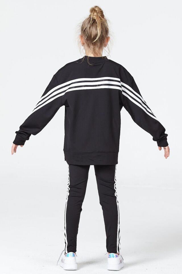 Black One Kız Çocuk Şerit Detaylı Salaş Sweat ve Tayt Spor Takım – Rahat Kesim, Yumuşak Kumaş 14-15 Yaş - SİYAH