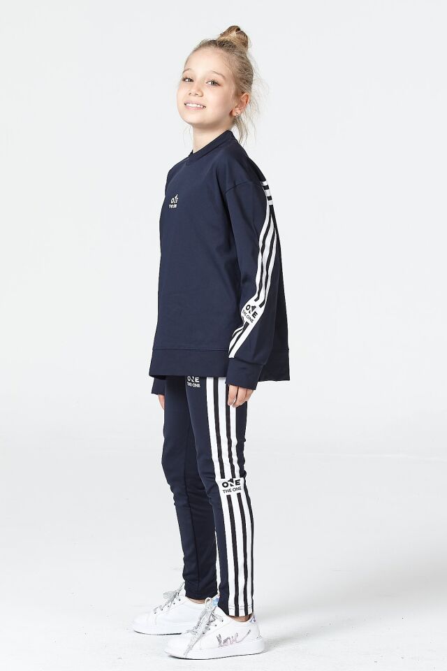 Black One Kız Çocuk Şerit Detaylı Salaş Sweat ve Tayt Spor Takım – Rahat Kesim, Yumuşak Kumaş 8-9 Yaş - LACİVERT