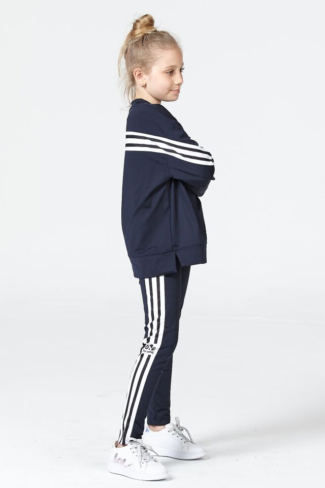Black One Kız Çocuk Şerit Detaylı Salaş Sweat ve Tayt Spor Takım – Rahat Kesim, Yumuşak Kumaş 8-9 Yaş - LACİVERT
