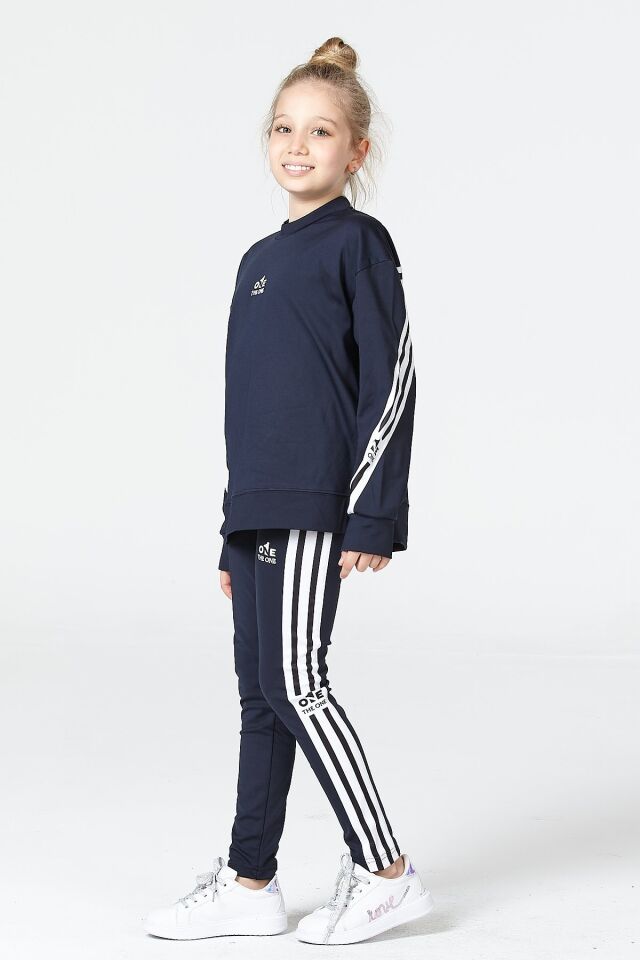 Black One Kız Çocuk Şerit Detaylı Salaş Sweat ve Tayt Spor Takım – Rahat Kesim, Yumuşak Kumaş 8-9 Yaş - LACİVERT