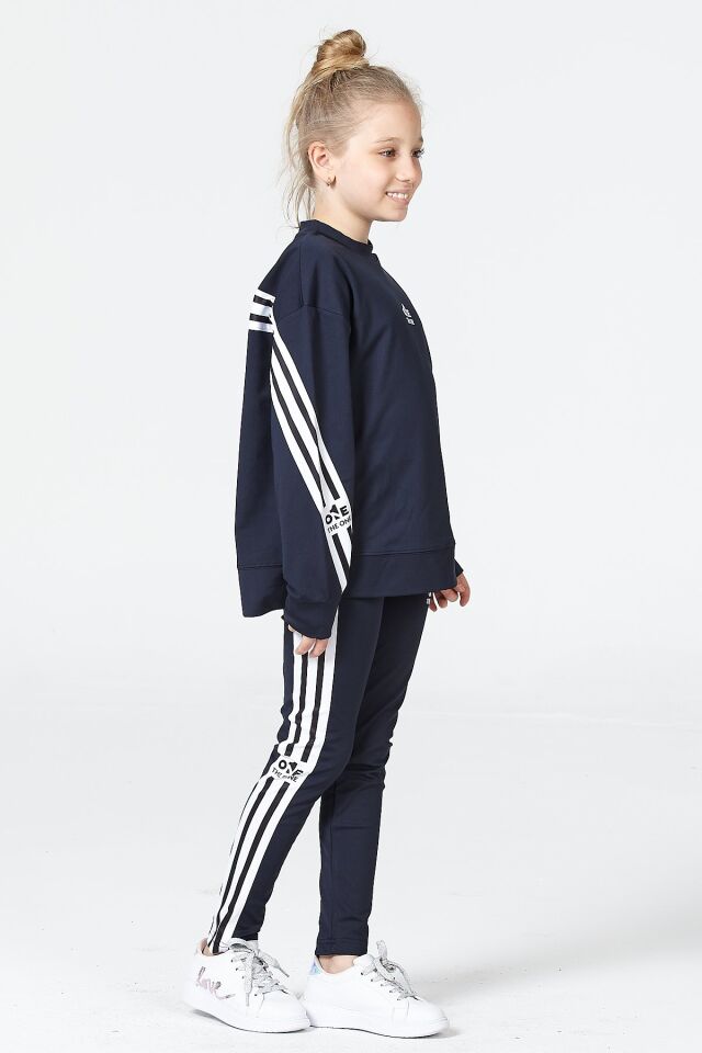 Black One Kız Çocuk Şerit Detaylı Salaş Sweat ve Tayt Spor Takım – Rahat Kesim, Yumuşak Kumaş 8-9 Yaş - LACİVERT