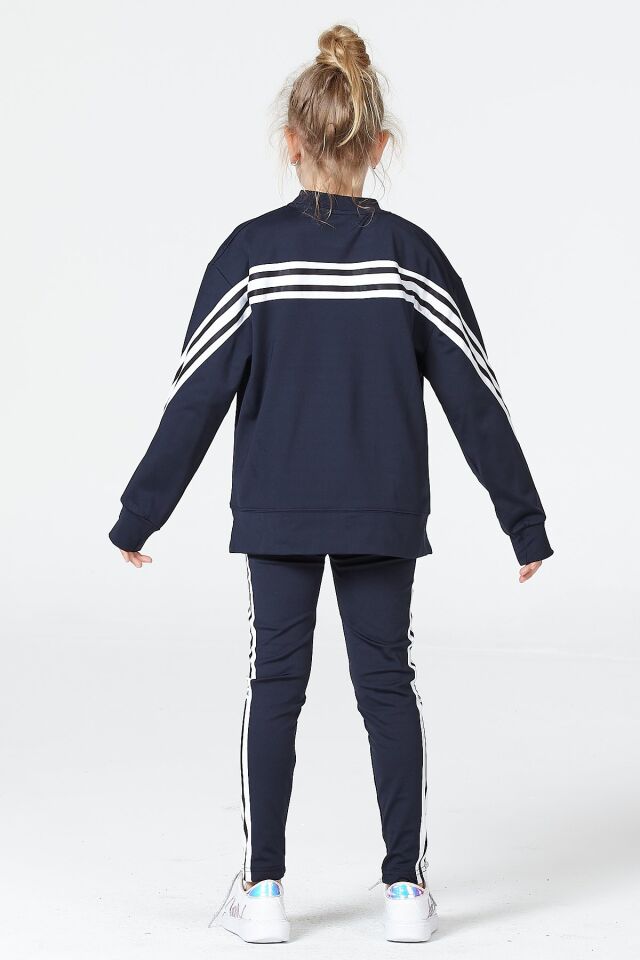 Black One Kız Çocuk Şerit Detaylı Salaş Sweat ve Tayt Spor Takım – Rahat Kesim, Yumuşak Kumaş 8-9 Yaş - LACİVERT