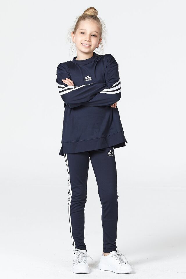 Black One Kız Çocuk Şerit Detaylı Salaş Sweat ve Tayt Spor Takım – Rahat Kesim, Yumuşak Kumaş 10-11 Yaş - LACİVERT