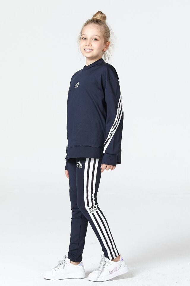 Black One Kız Çocuk Şerit Detaylı Salaş Sweat ve Tayt Spor Takım – Rahat Kesim, Yumuşak Kumaş 10-11 Yaş - LACİVERT