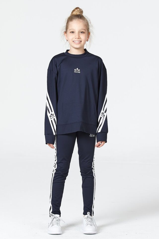 Black One Kız Çocuk Şerit Detaylı Salaş Sweat ve Tayt Spor Takım – Rahat Kesim, Yumuşak Kumaş 11-12 Yaş - LACİVERT