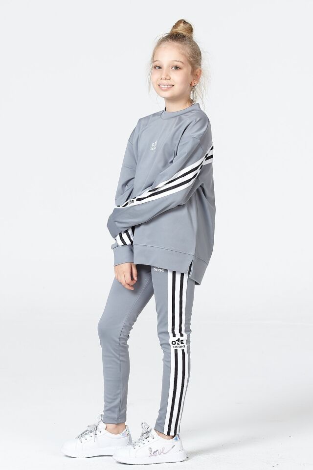 Black One Kız Çocuk Şerit Detaylı Salaş Sweat ve Tayt Spor Takım – Rahat Kesim, Yumuşak Kumaş 8-9 Yaş - GRİ
