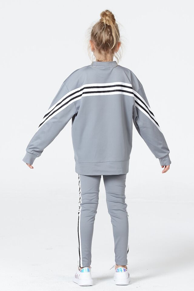 Black One Kız Çocuk Şerit Detaylı Salaş Sweat ve Tayt Spor Takım – Rahat Kesim, Yumuşak Kumaş 8-9 Yaş - GRİ