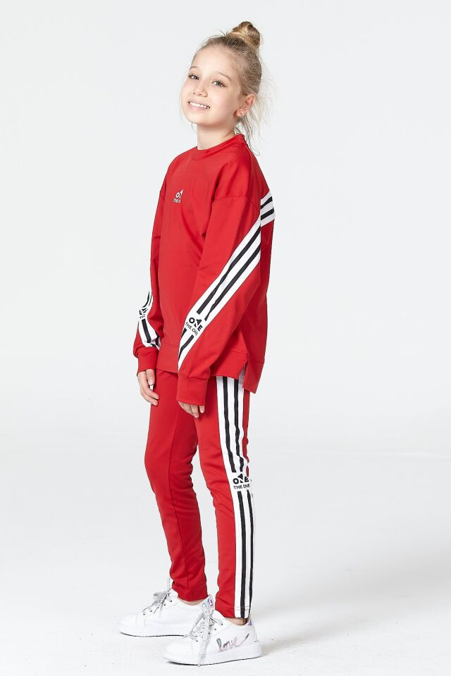 Black One Kız Çocuk Şerit Detaylı Salaş Sweat ve Tayt Spor Takım – Rahat Kesim, Yumuşak Kumaş 8-9 Yaş - KIRMIZI