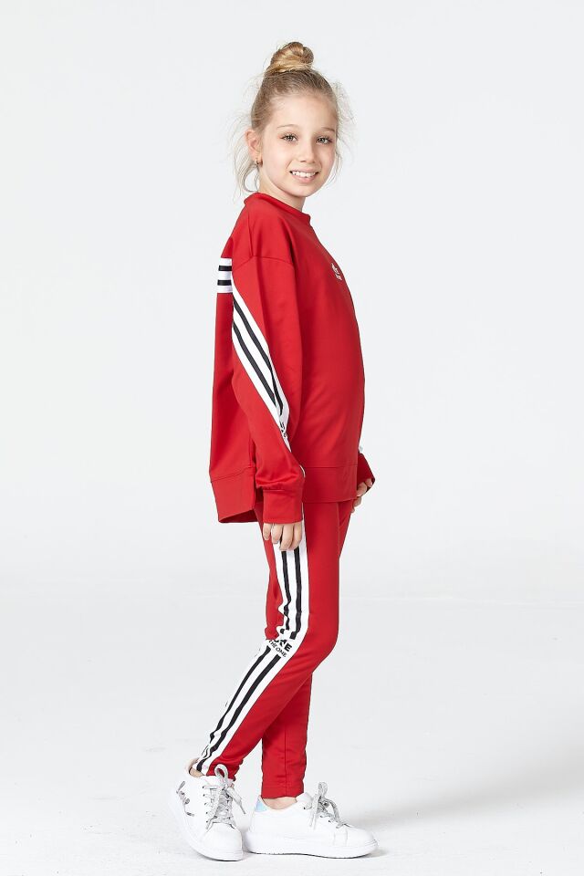 Black One Kız Çocuk Şerit Detaylı Salaş Sweat ve Tayt Spor Takım – Rahat Kesim, Yumuşak Kumaş 8-9 Yaş - KIRMIZI