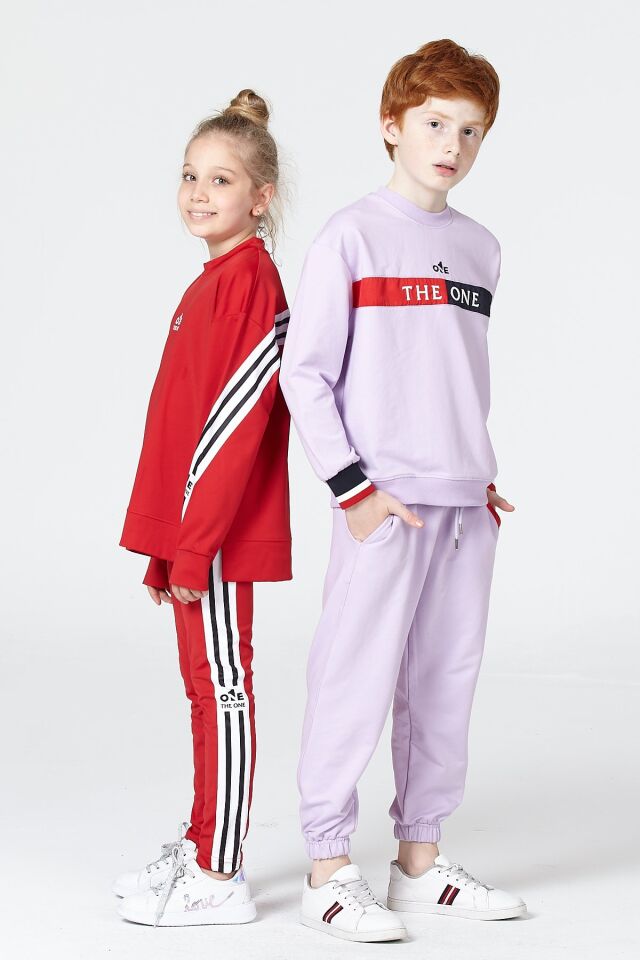 Black One Kız Çocuk Şerit Detaylı Salaş Sweat ve Tayt Spor Takım – Rahat Kesim, Yumuşak Kumaş 8-9 Yaş - KIRMIZI