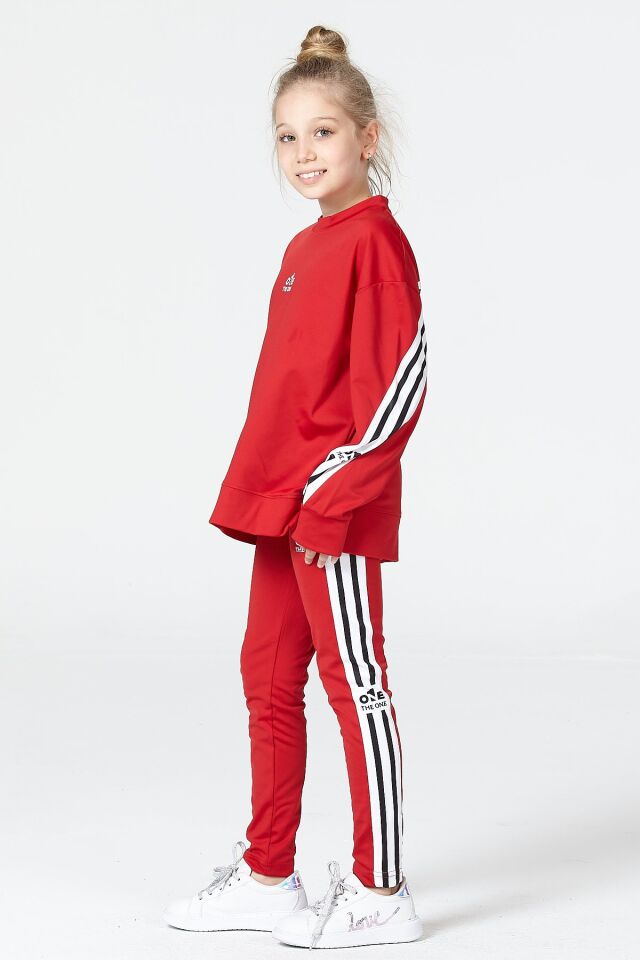 Black One Kız Çocuk Şerit Detaylı Salaş Sweat ve Tayt Spor Takım – Rahat Kesim, Yumuşak Kumaş 11-12 Yaş - KIRMIZI