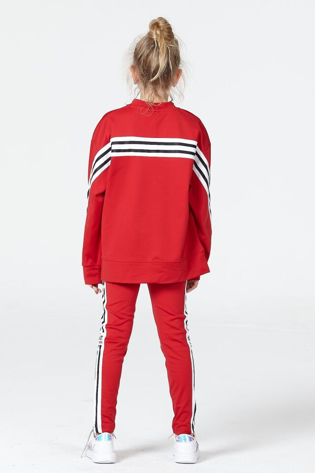 Black One Kız Çocuk Şerit Detaylı Salaş Sweat ve Tayt Spor Takım – Rahat Kesim, Yumuşak Kumaş 11-12 Yaş - KIRMIZI