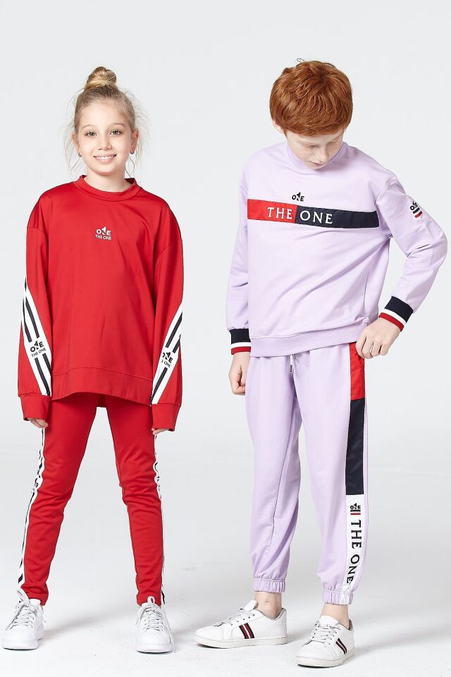 Black One Kız Çocuk Şerit Detaylı Salaş Sweat ve Tayt Spor Takım – Rahat Kesim, Yumuşak Kumaş 12-13 Yaş - KIRMIZI