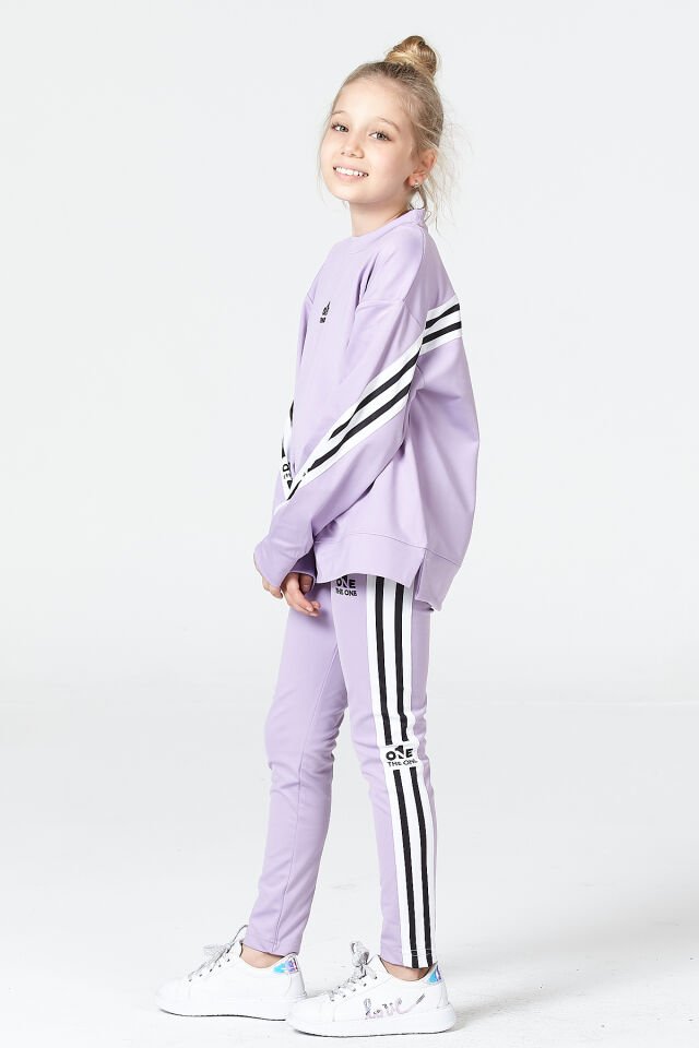 Black One Kız Çocuk Şerit Detaylı Salaş Sweat ve Tayt Spor Takım – Rahat Kesim, Yumuşak Kumaş 8-9 Yaş - LİLA