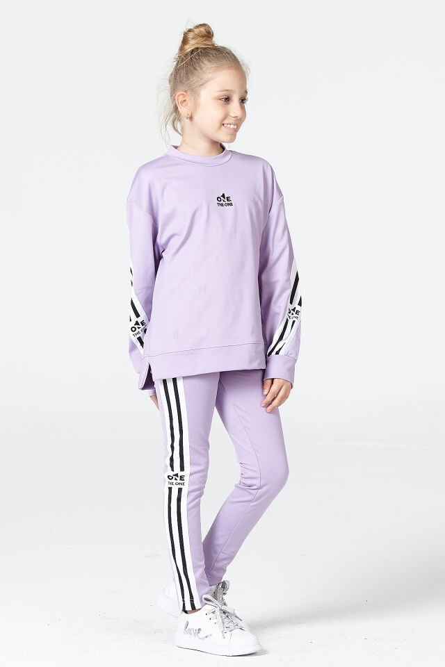 Black One Kız Çocuk Şerit Detaylı Salaş Sweat ve Tayt Spor Takım – Rahat Kesim, Yumuşak Kumaş 8-9 Yaş - LİLA