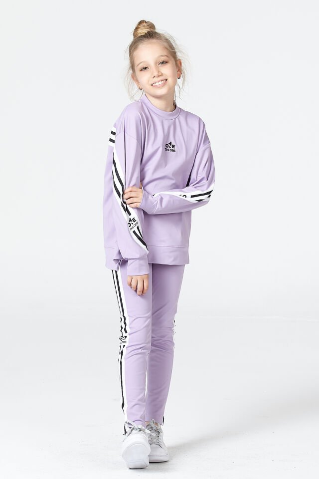 Black One Kız Çocuk Şerit Detaylı Salaş Sweat ve Tayt Spor Takım – Rahat Kesim, Yumuşak Kumaş 8-9 Yaş - LİLA