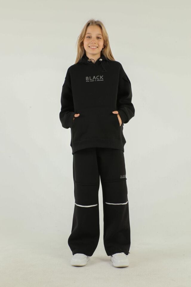 Kapüşonlu Baskı Detaylı Kalın Kız Eşofman Takımı