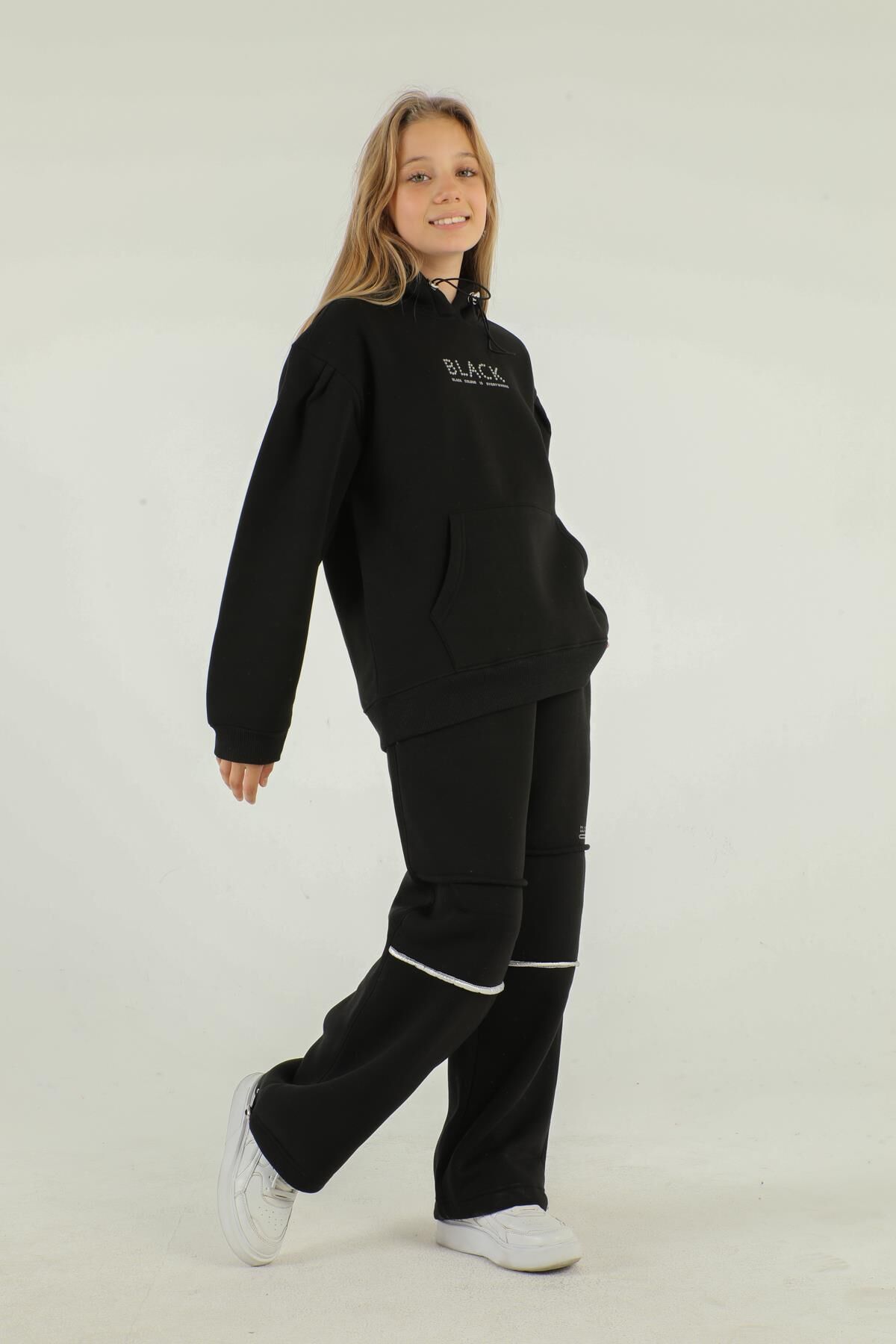 Kapüşonlu Baskı Detaylı Kalın Kız Eşofman Takımı