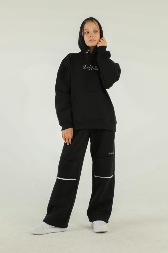 Kapüşonlu Baskı Detaylı Kalın Kız Eşofman Takımı