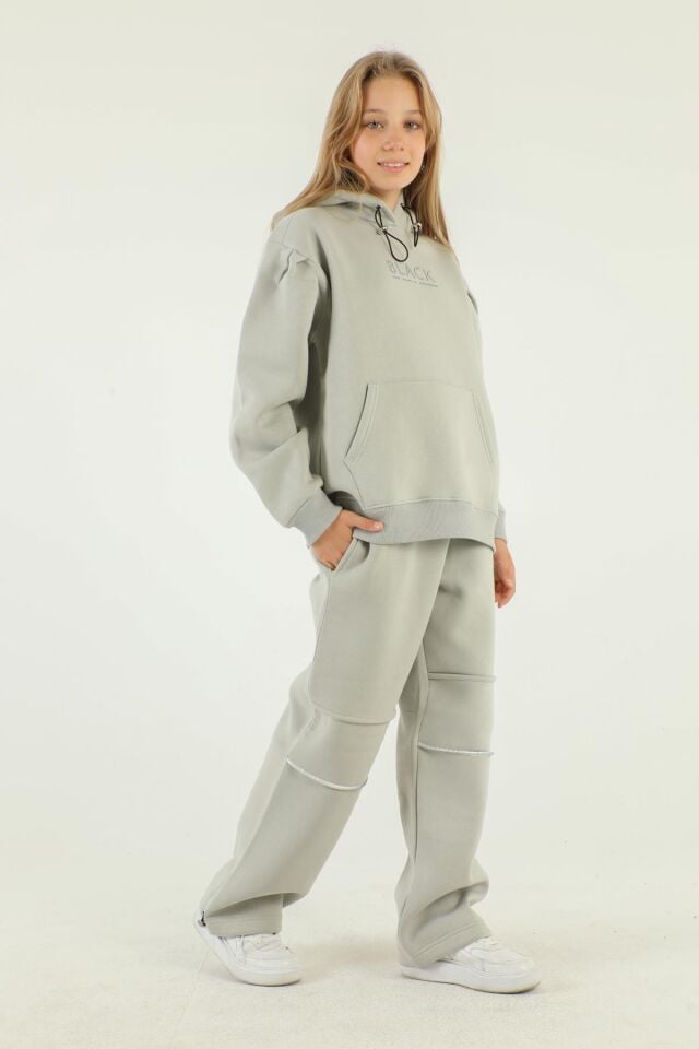 Kapüşonlu Baskı Detaylı Kalın Kız Eşofman Takımı