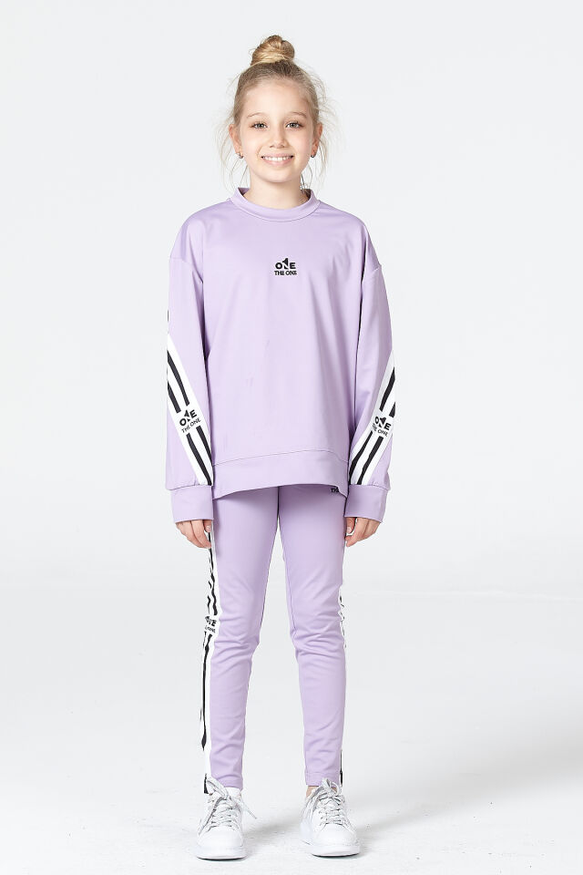 Black One Kız Çocuk Şerit Detaylı Salaş Sweat ve Tayt Spor Takım – Rahat Kesim, Yumuşak Kumaş 12-13 Yaş - LİLA