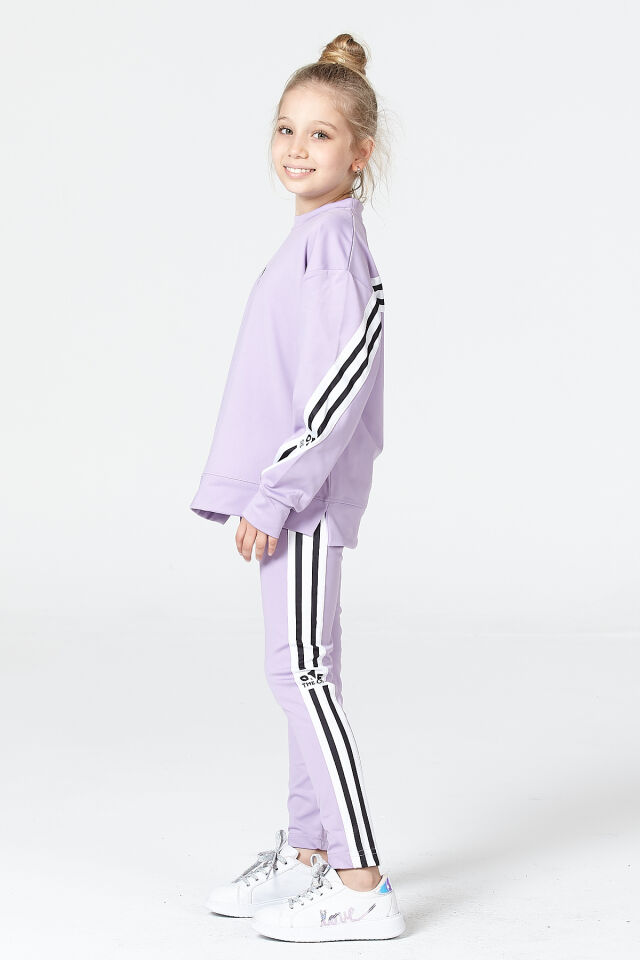 Black One Kız Çocuk Şerit Detaylı Salaş Sweat ve Tayt Spor Takım – Rahat Kesim, Yumuşak Kumaş 12-13 Yaş - LİLA